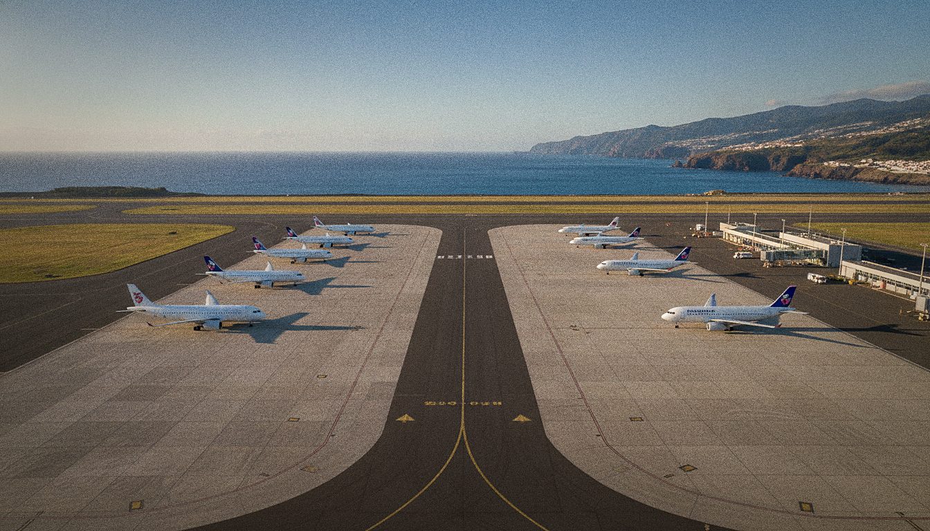 Vorfeld des Flughafens Madeira mit parkenden Flugzeugen und Meerblick